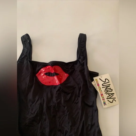 Vintage LIPS KISS Glam Rock 80s SUNRAYS Bathing Suit One Piece Vinyl Size 36 NWT